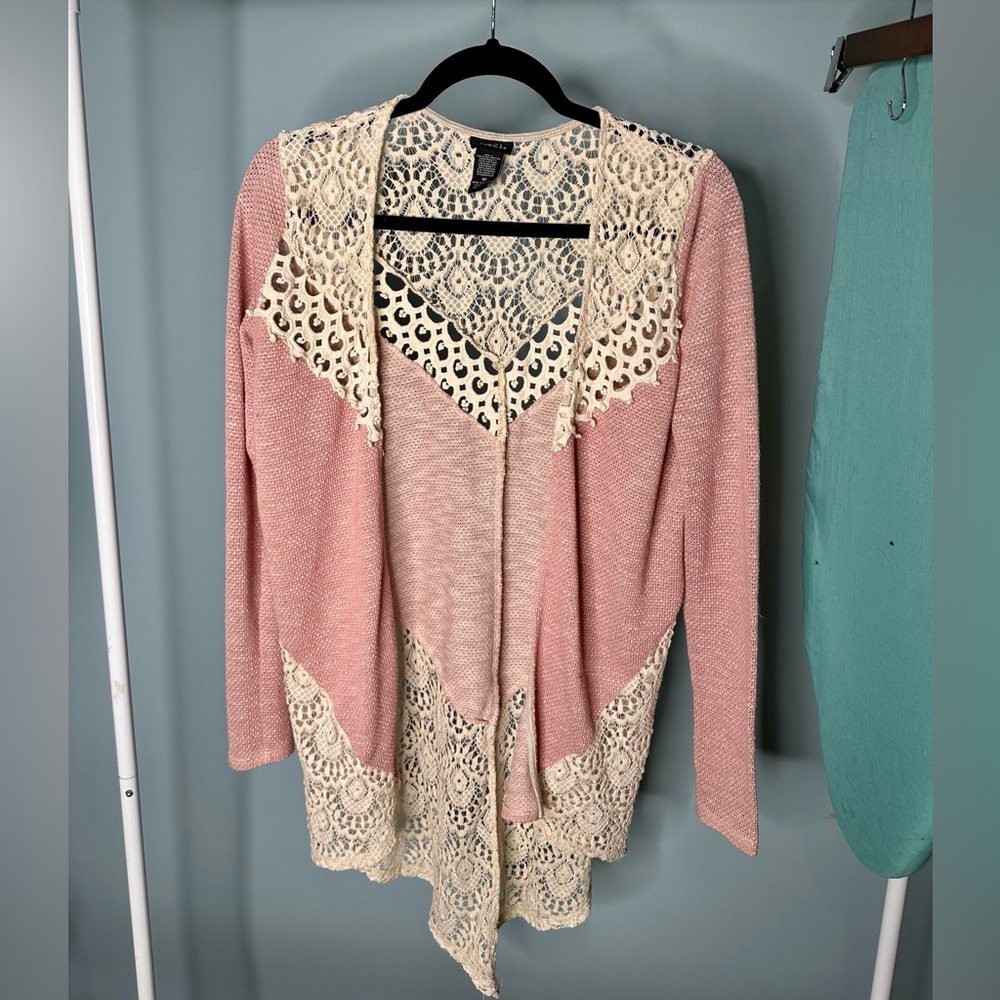 Rue21 Pink Boho Crochet Lace Long Sleeve Open Front Cardigan Size M